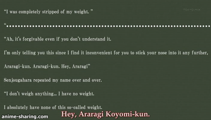 [Koharubi] Bakemonogatari - 01 - Hitagi Crab Part 1 [704x400 XviD][1007F6DA].avi_snapshot_09.35_[13808].png